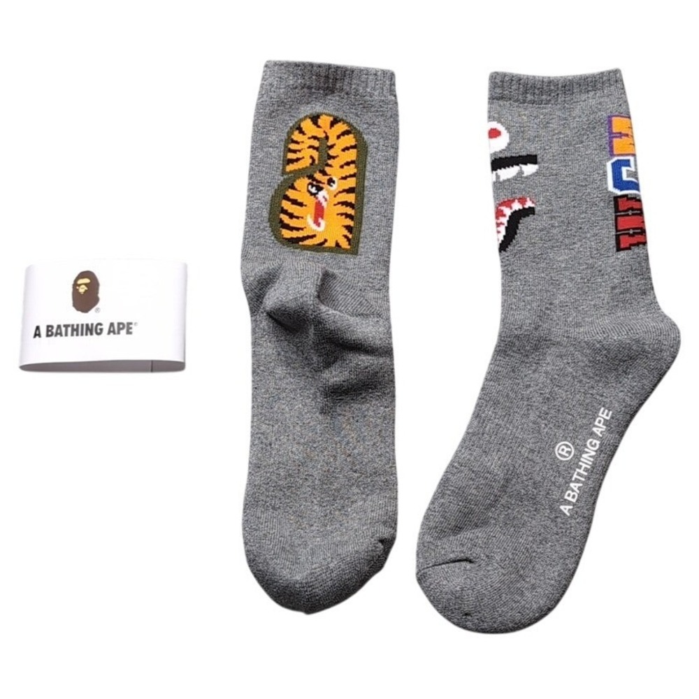 Bape Crew Socks WGM Shark Mouth Tiger Logo Mens Womens Unisex Size 9-11 Gray